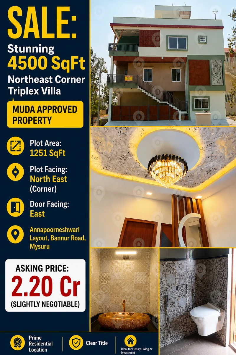 Stunning 4500 SqFt Built Triplex Villa, North East Corner on Bannur Road, Mysore